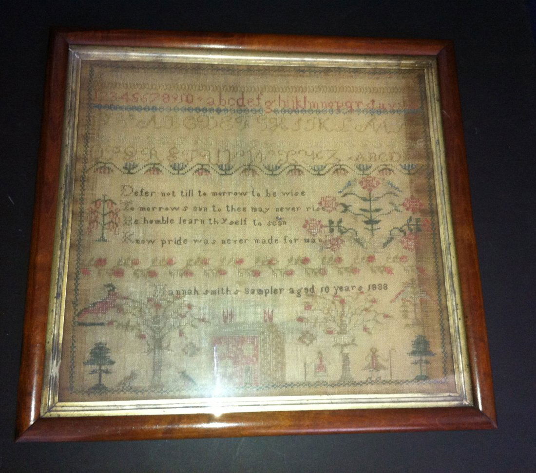 Lovely 1898 English Sampler: The sampler measures 16 x 17 and framed it measures 19 1/4 x 20.5
