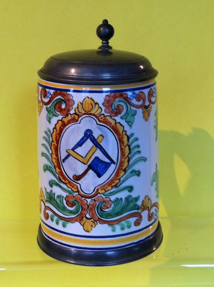 Circa 1700 Masonic / Butcher Faience Stein: Exceptional Masonic / Butcher Circa 1700 Faience Stein. This stein measures 8 inches tall.