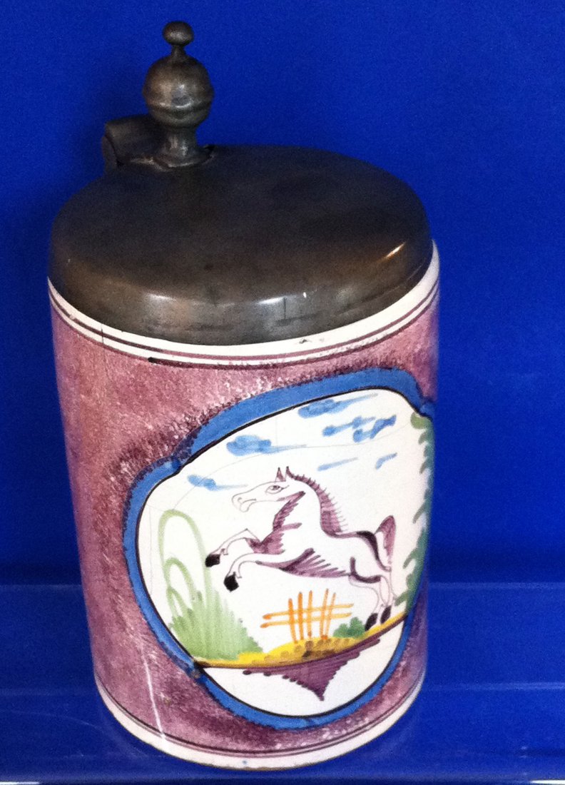 Schrezheim Faience Circa 1750 Beer Stein: Schrezheim Faience Circa 1750 Beer Stein this stein measures 8 1/4 inches tall.