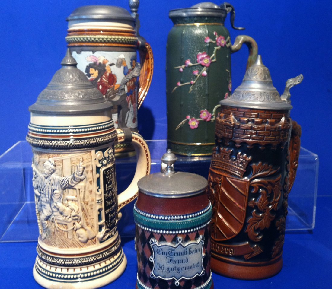 5 Vintage Stoneware And Misc.: man drinking ale stein.