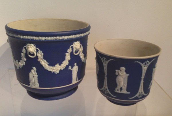 2 Antique Wedgwood Jasperware Jardinieres: The larger one measures approx. 7 x 8 inches and the smaller one measures approx. 5 1/2 x 6 1/4 inches.