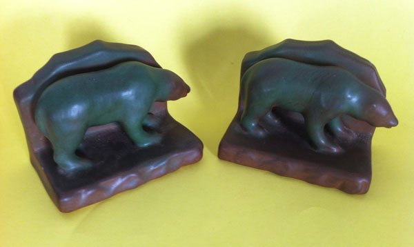 Pr Van Briggle Art Pottery Polar Bear Bookends: These rare bookends measure 4 1/4 x 5 1/2 x 3 1/2 inches.