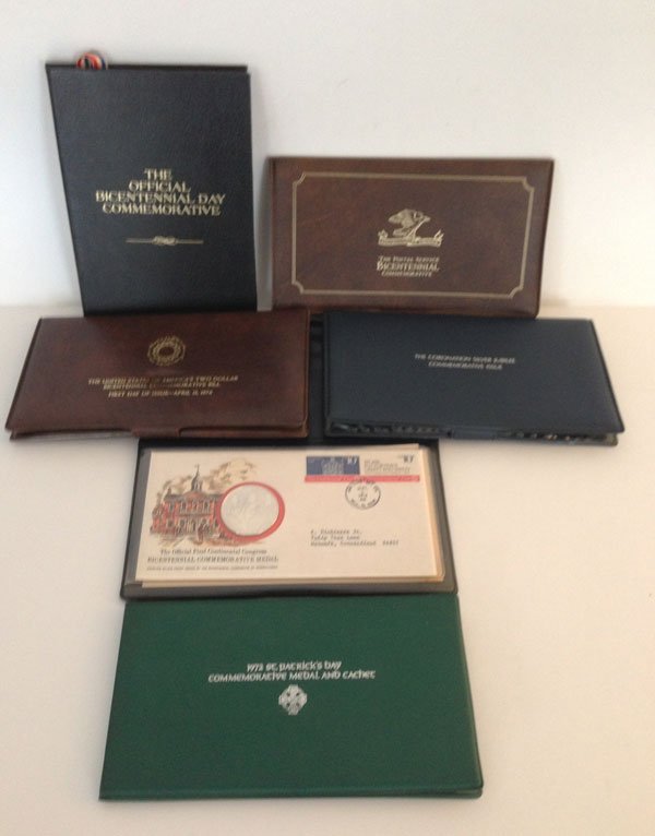 Lot Of 6 Vintage Sterling Conmmemorative Medals: the first offical continental congress bicentennial commemorative medal, the united states of america two dollar bicentennial commemorative bill, the coronation silver jubilee commemorative issue, 197