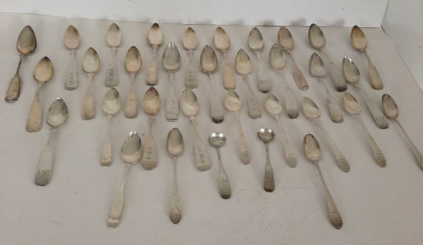 Lot Of 33 Coin Silver Spoons: Some of the hallmarks are HB, M Holt etc. This coin silver grosses 15.02 ozt.