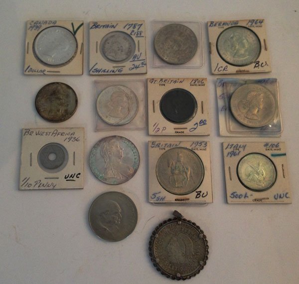 Nice Lot Of 12 Antique Coins: Philippines one Peso 1947, Burg Co Tyr 1780, Cinco pesos 1948, George 111 1787, Br West Africa 1936, five shillings 1960, Mexico 1968, GT. Britain 1806, Elizabeth 11 1864, Britain 1953, Churchill 1965