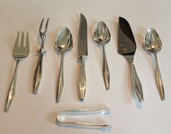 Lot Of 8 Gio Ponti Sterling Silver Serving Pieces: All the serving pcs. are monogrammed BWB The weighable serving pcs. gross approx. 11.12 OZT. The two serving knives and largest serving fork gross approx. 7.81 OZT.