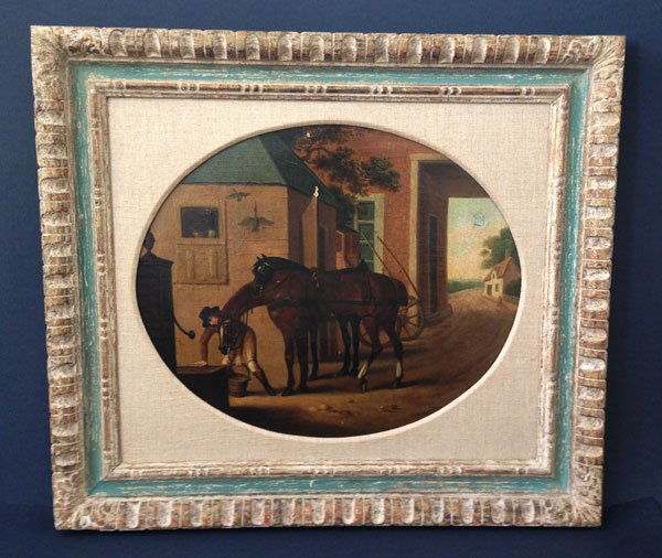 O/C Painting Man Watering Horse Henry Thomas Alken: The painting measures approx. 13 3/4 x 15 1/4 inches. The frame measures 18 1/2 x 21 inches. The painting is signed H.Alken Alken was born on 12 October 1785 in Soho London and baptised on November 6