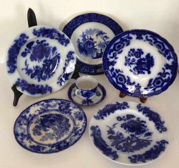 Lot Of Flow Blue Cups Plates And Saucers: 5 plates measures 10 5/5 in diameter, 10 1/2 in diameter. The Yedo dish measures 10 1/2(H). The Heron flow blue dish bowl measures 10 1/2 in diameter. 7- Touraine cups and saucers The 7 saucers measur