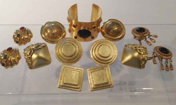 Lot Of Retro Signed Custume Jewelry: The bracelet measures 2 1/4 in width and it is signed Tula Booth, 3 signed earrings Tony Armato, 2 signed Tula Booth earrings, Pr. of signed Vince Agor earrings