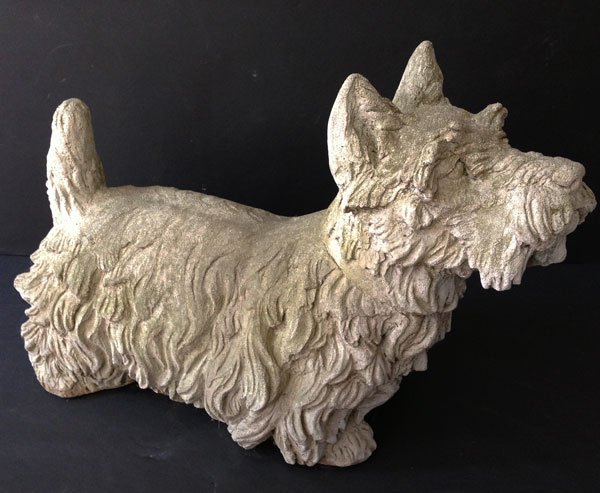Vintage Life Size Cement Scottie Dog Garden Sculpture: Wonderful cement Scottie statue measuring 21" long x 15.5" tall.
