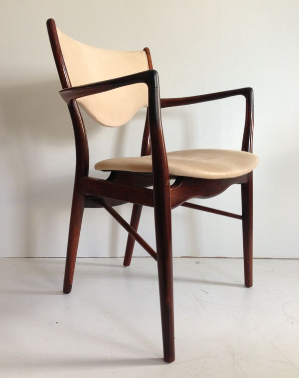 Signed Illums Bolighus Rosewood & Leather Chair: Danish modern Bolighus chair with label on bottom of seat. Made of cream leather & rosewood. Measures 32" tall x 25" wide x 16.5" deep.