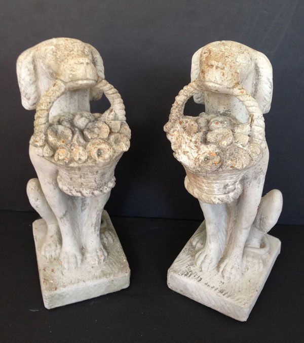 Pr Of Vintage Cement Garden Statues Dogs/ Baskets