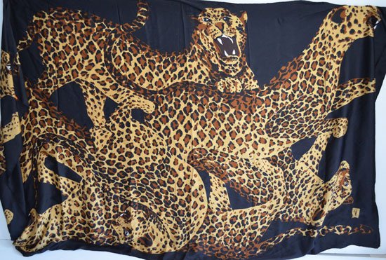 Hermes Scarf & MASSIVE YSL Stole/Pareo: Yves St. Laurent leopard pareo sarong in silk, measuring 92" x 53". Hermes Botanical print scarf measures 34" square.