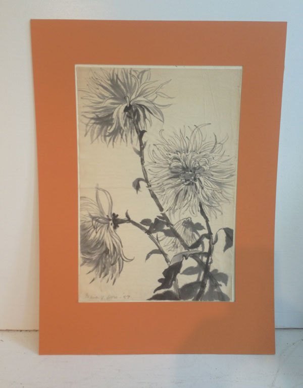 Marion Dorn Fruit & Flower Original Watercolors: Collection of 3 signed Marion Dorn watercolors. Pinaeapple measures 17.5" x 12", Pear measures 26.5" x 12", and chrysanthemums measure 17.5" x 12".