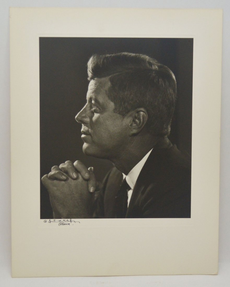 Yousuf Karsh Signed John F. Kennedy Portrait No. 6: Signed Yousuf Karsh photograph portait of JFK. Reverse has copyright and penciled No. 6. Total size is 13.25" x 10 3/8".