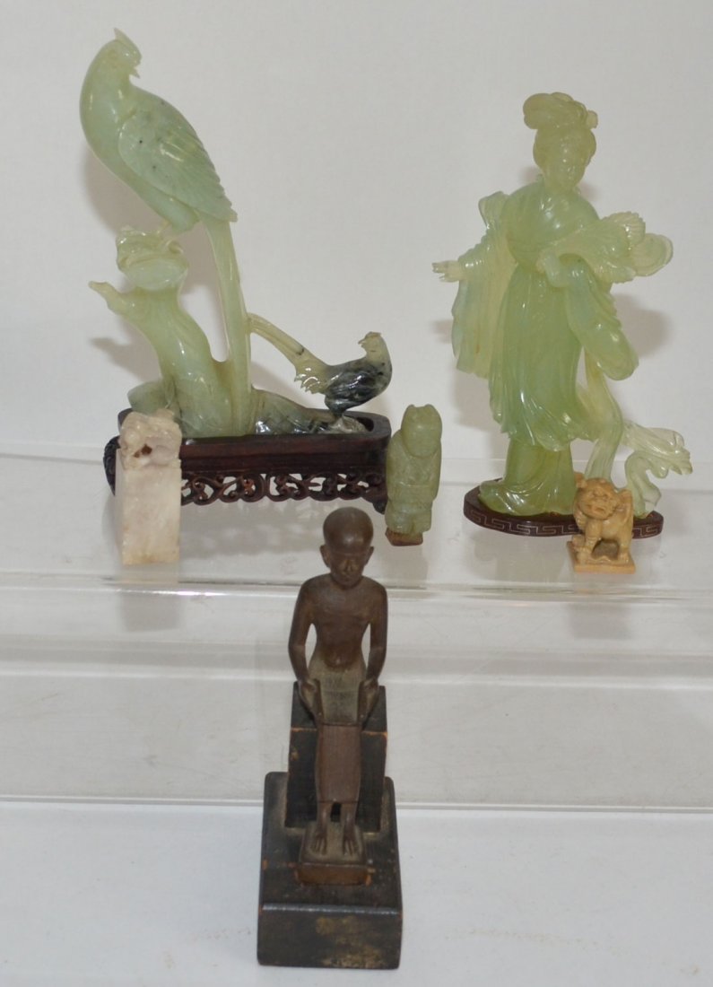 Lot Of 6 Vintage CHINESE Jade and Egyptian Bronze: Lot includes: Jade woman (7.25" tall), jade birds (7.75" tall), foo dog seal (1 3/8" tall), Dragon seal (2.25" tall), jade man (2.25" tall) and bronze colored Egyptian scholar (we scratched the base a