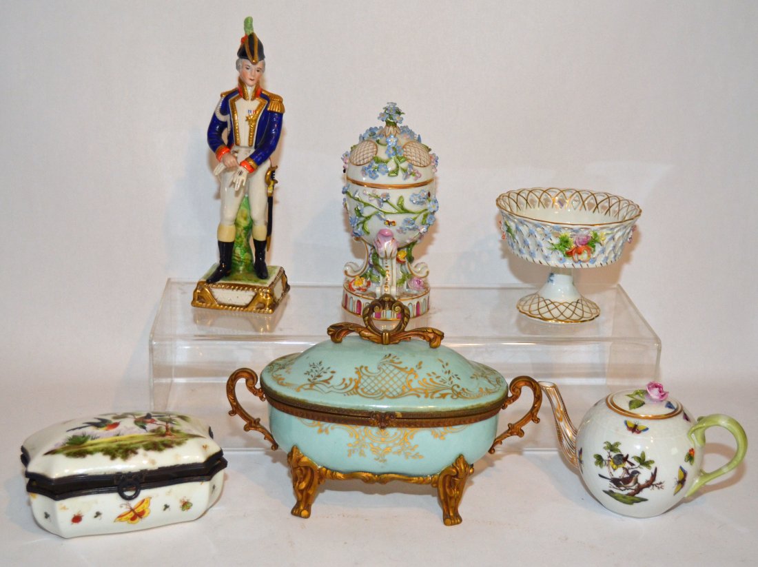 6 Pieces Continental Dresden Porcelain: Lot includes: Herend Rothschild Bird pot (3.75" tall x 6.75" tip to tip), Carl Thieme Dresden covered egg (7..25" tall), Sevres? Box (2.25" tall x 5.5" x 3.5"), Bavarian compote dish (3.5" tall x 4.75