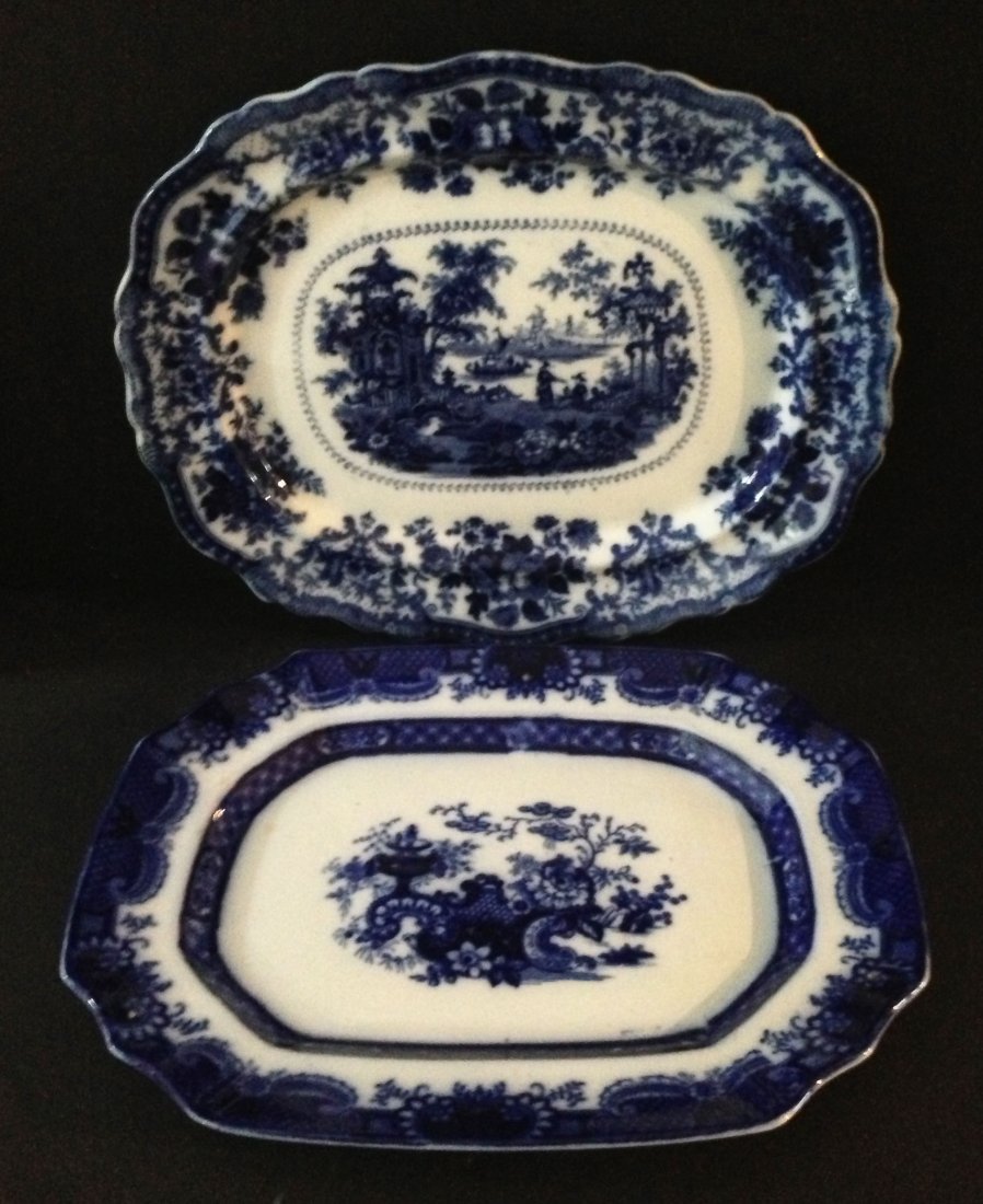 2 Large Flow Blue Platters ( Fairy Villas + Indian Jar): Indian Jar measures 18.25" long x 14.25" wide, has some crazing, also a couple small spots where glaze bubbled and flicked away. Fairy Villas measures 19.25" long x 15.75" wide and is in very nice con