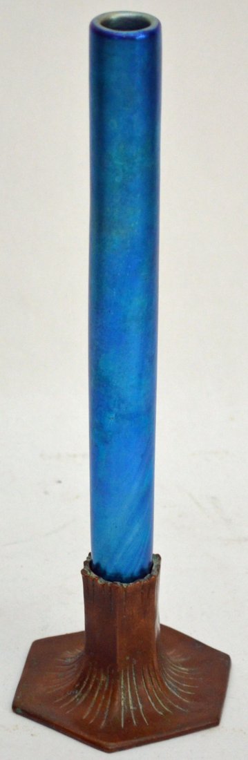 Tiffany Studios Bronze & Favrile Glass Stick Vase: Blue favrile glass signed LCT in Tiffany Studios bronze base. Measures 11" tall x 3.25" across bottom of base.