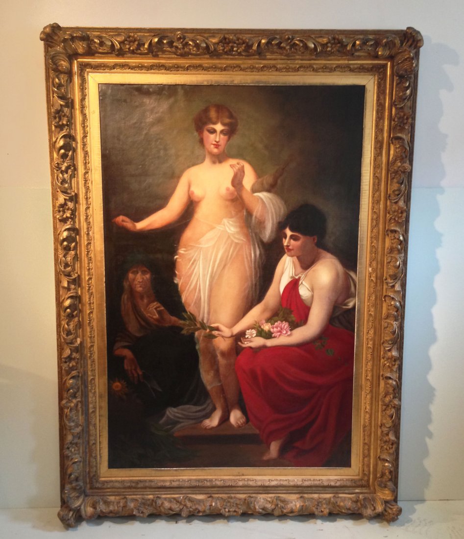 Monumental Painting Three Fates Painting Thumann: Stunning monumental painting of the 3 Fates. KPM artist Friedrich Paul Thumann painted the original for use on a KPM plaque. Frame: 69" x 50" Image: 55 3/8" x 36.25".