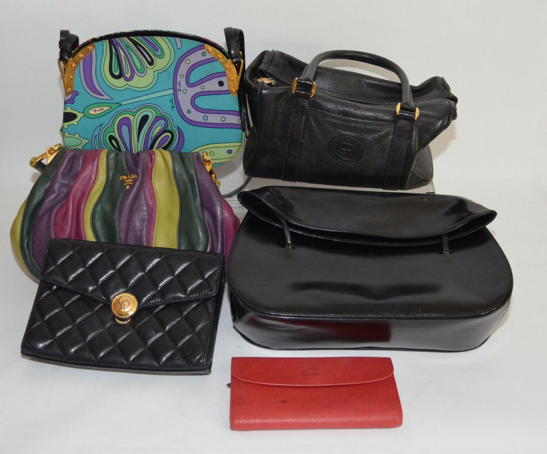 Collection of Designer Bags Gucci, Prada, Mischka,: Fun collection. Pucci multicolor cloth bag with leather change purse7 3/8" tall x 9.25" long x 3" deep at base, Gucci vintage duffle-style handbag 6.5" tall x 10" long x 5" deep, St. John quilted bag
