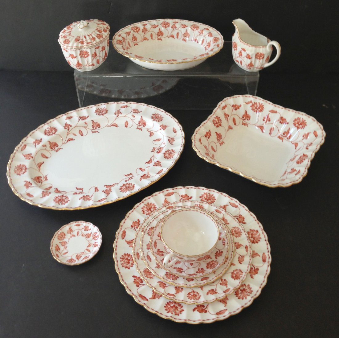 Set Of 65 pieces Spode Colonel China: Vegitable dish (9.75" l x 7.5"w x 2" t), Covered sugar (4" t x 3.5"w x 4.5"l), Creamer 3.5" t at spout, Square serving dish (2.5"t x 9" square), Platter (14.75"l x 11.25"w), 11 saucers (5.25"d), 12 de
