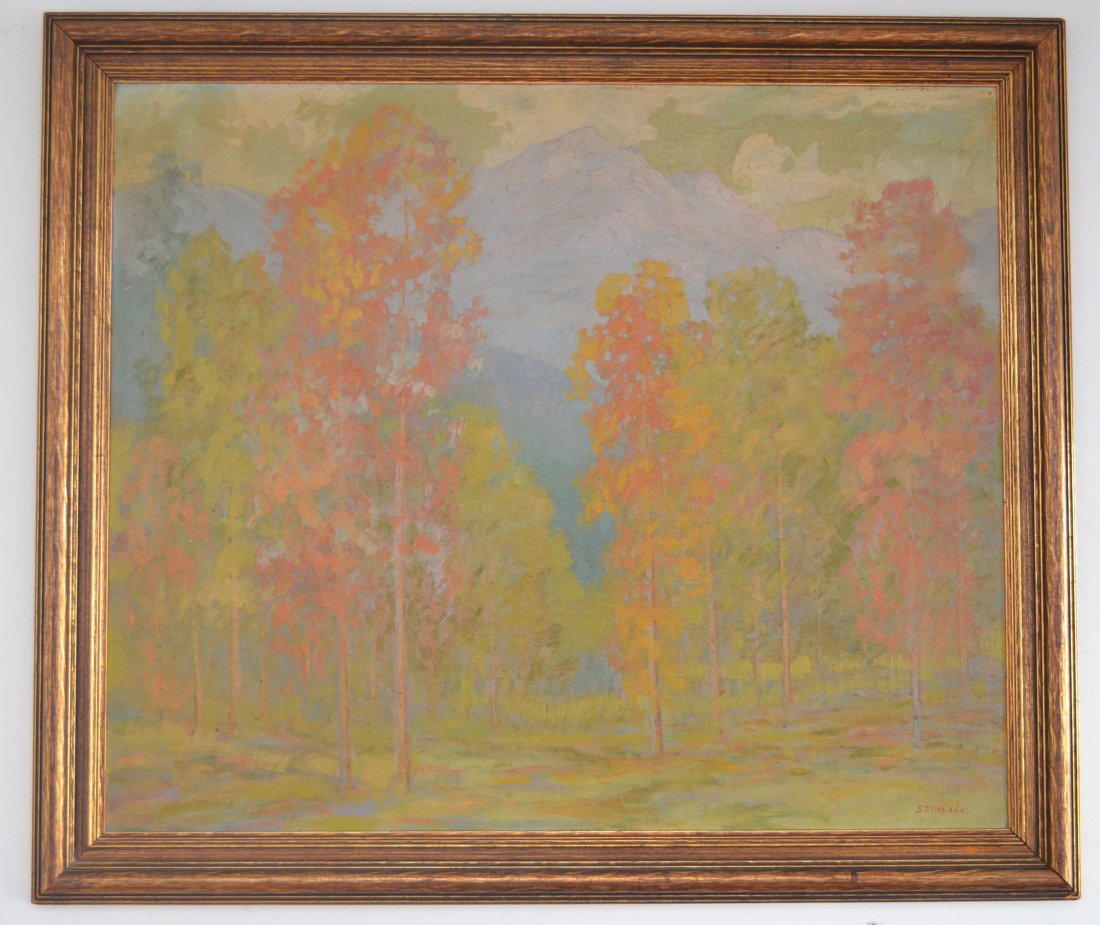 David Stirling O/B Landscape Oil Painting Colorado: David Stirling, oil on board, titled Estes Park, Colorado, landscape of autumn beech trees. Frame: 25 1/2” h x 30 1/2” Image: 30.75" x 25.5"