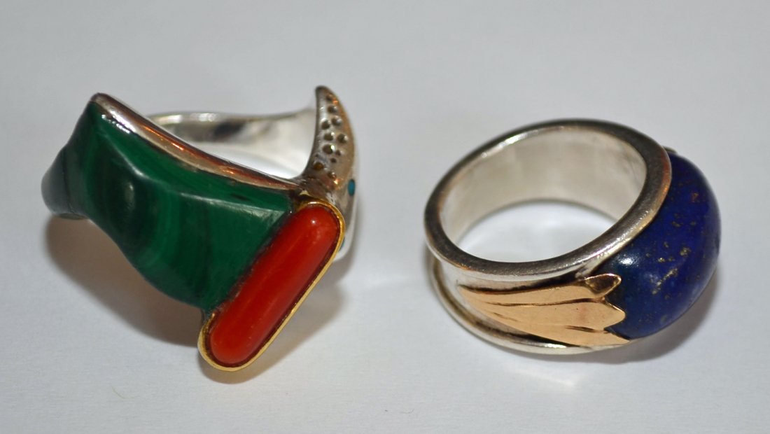 Collection of Jewelry Inc Mary Schimpff Webb: Lot includes: Jade pin with a silver & gold pendent attachment ( 1.75" tall x 1 5/8" wide), sterling mounted stone greenish yellow in color (1.75" long), Schimpff sterling, 14K and lapis pendent (1.75