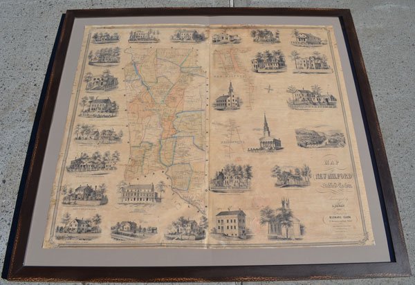 1853 Richard Clark Framed Map of New Milford, CT: Circa 1853 map of New Milford, CT Litchfield County, surveyed by L. Fagan. Frame: 55.5" x 49.5" Map: 46.5" x 40.75".