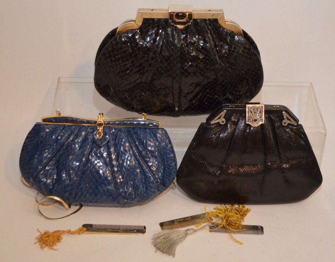 3 Vintage Judith Lieber Exotic Leather Purses: Includes: a black lizard bag with Art Deco style hardware ( 6.25" tall x 8.5" wide at widest point), black python (7.75" tall x 9.5" wide) and a blue python (5" tall x 9" long).