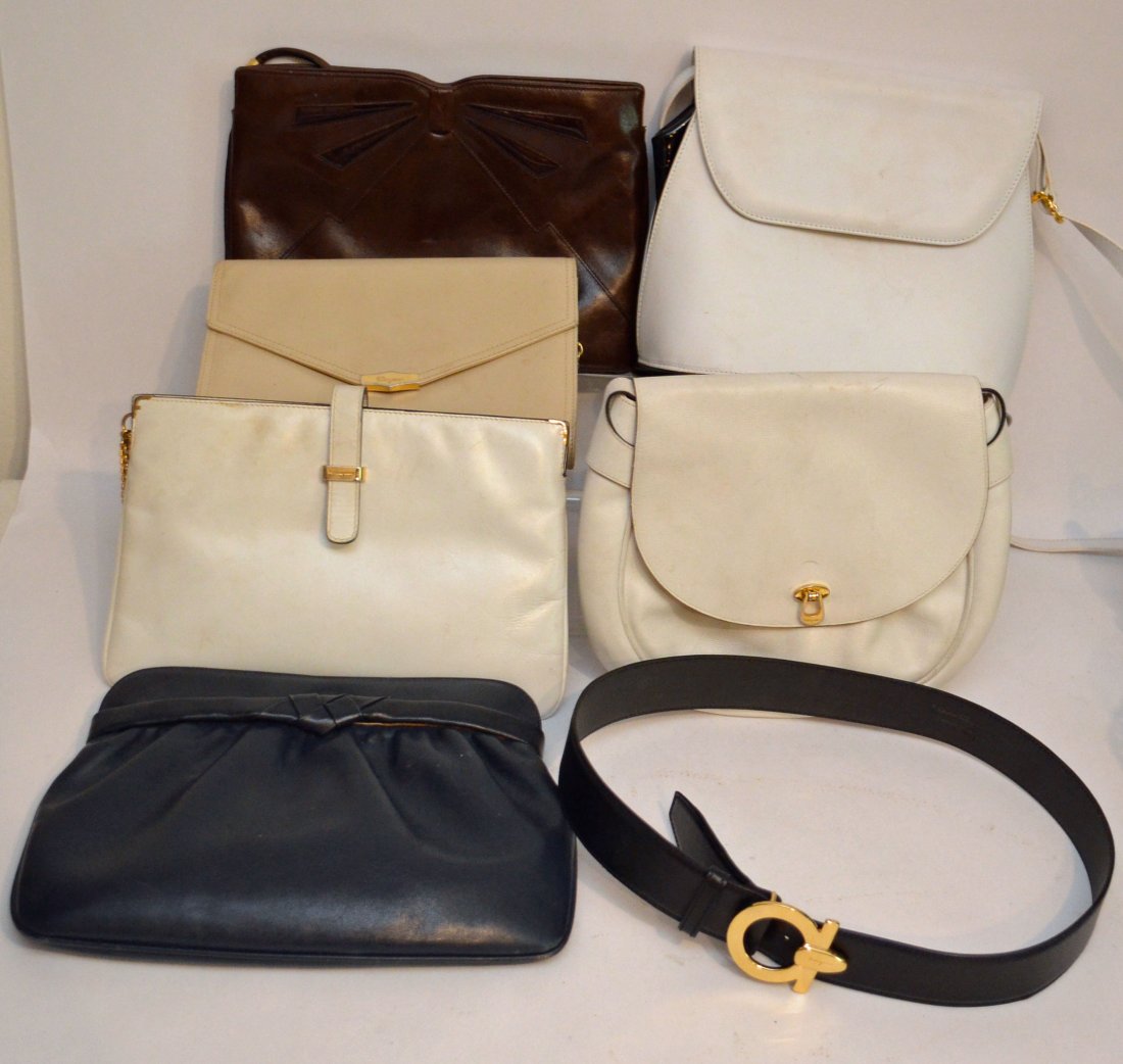 Salvatore Ferragamo Purse & Belt Lot: Bags include: White and black 8" tall x 9.25", 7" x 10" white with black trim, 8" x 9" white with black trim bag, beige 5.75" tall x 8.5", blue leather 7.5" tall x 10", brown 7" x 10" bag. 35.5" long
