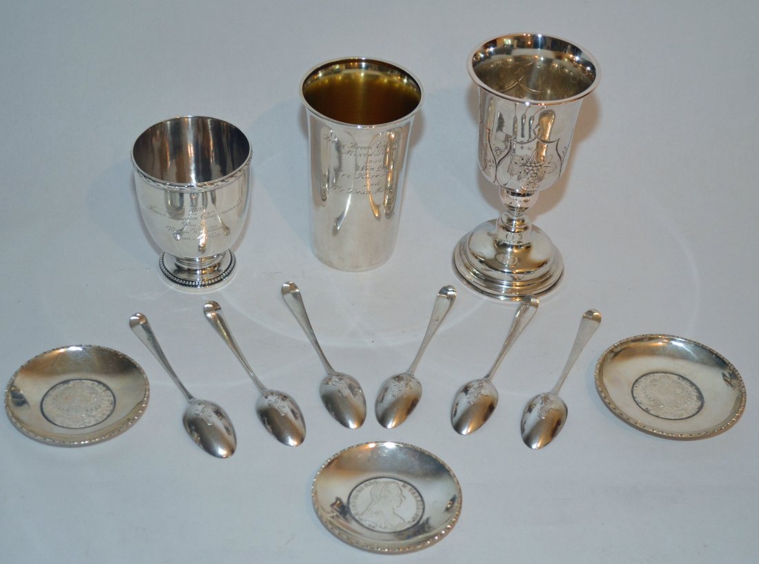 Misc Sterling Silver Accessories Lot: Sterling cup (4.75" tall x 3" diameter at top), Risler & Carre 1919 French Doubles Championship cup (3.5" tall), chalice with grap design (6" tall), 5 spoons (5" long), 3 Austrian Thaler Coins dishes 
