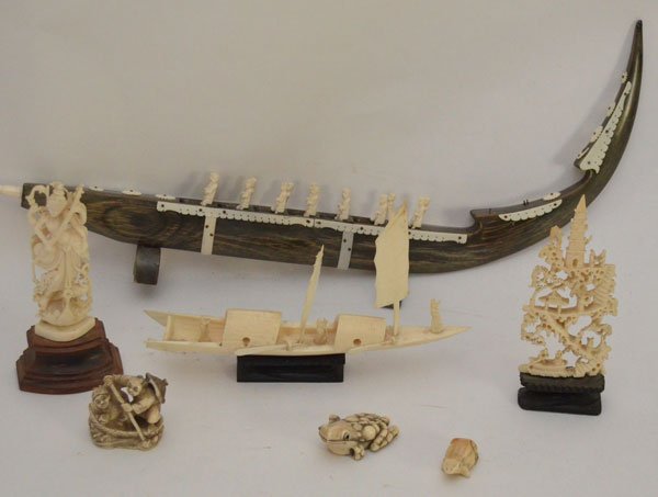 Collection of Asian And Various Other Ivory Carvings: Lot includes: Indian Goddess (5.5" tall on base, missing part of halo), 2 fishermen netsuke (1 7/8" tall, damage to one hat), frog netsuke (2" l x 1"w), small frog carving, missing feet (1.25" long), 