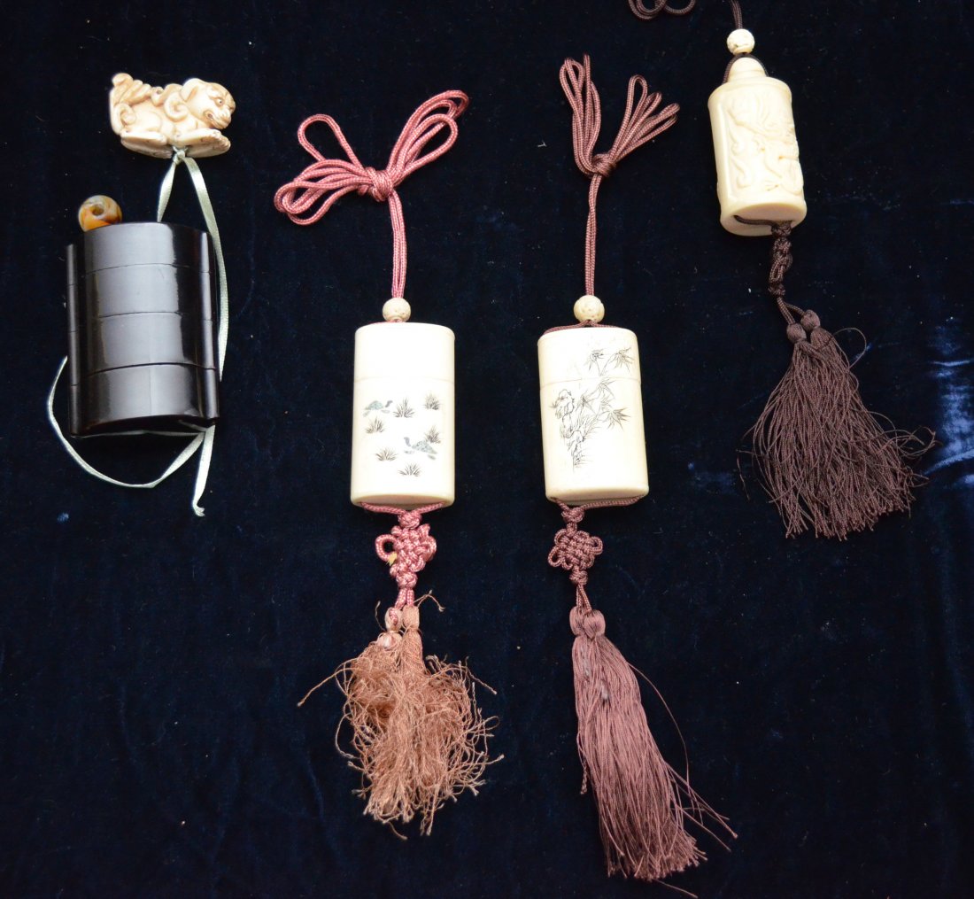 Collection of Interesting Vintage Japanese Inros: Lot includes: a black lacquered inro with a signed ivory netsuke (inro 3"l and netsuke 1.75" l x 1" tall), 2 bone inros (2 3/8"l), and a bone snuff bottle