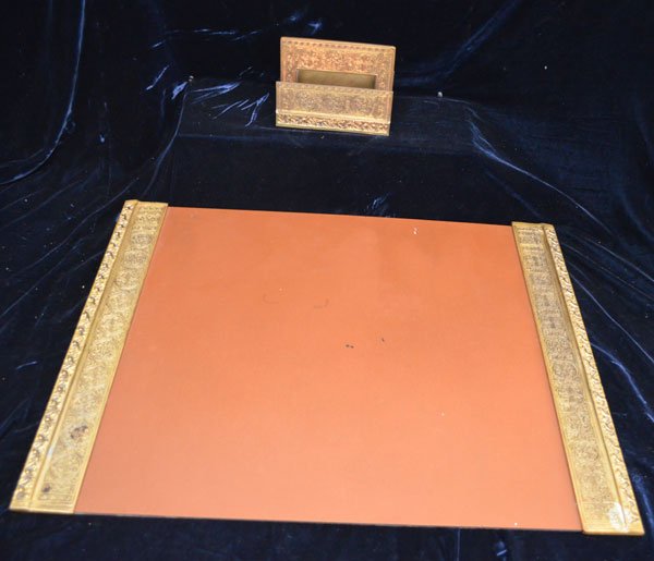 Tiffany Studios N.Y. Bronze Letter Holder and Blotter: Letter holder measures 4 5/8" tall x 6.25" long x 3" deep. Blotter measures 24.25" x 19.25", the metal part measures 2 3/8" wide x 19.25".