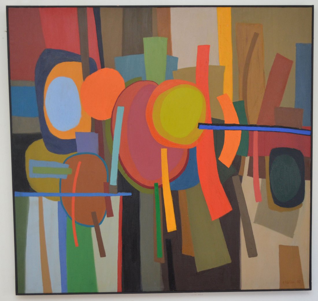 Large Mid Century Pop Art Painting Signed Ustilla: Signed and dated oil on canvas painting. Measures 42 5/8" x 40 5/8".