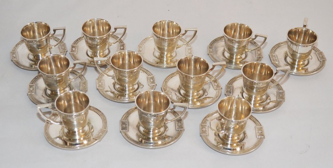 Gorham Sterling Lansdowne Demitasse Cups & Saucers: Cups measure 2" tall x 1 7/8" diameter at top, saucers measure 3 5/8" diameter. Gross weight is 31.4ozt.