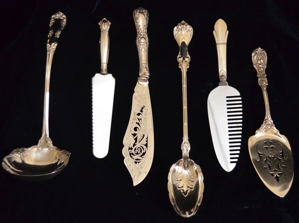 Nice Lot Of Vintage 6 Sterling Serving Pieces: Lot includes: Whiting Duke of York long spoon (13 3/8"), Simpson, Hall & Miller Rosalind/Wild Rose ladle (12.25"), Reed & Barton Francis I pie server (10.5"), a cake knife (12" long, stainless blade h