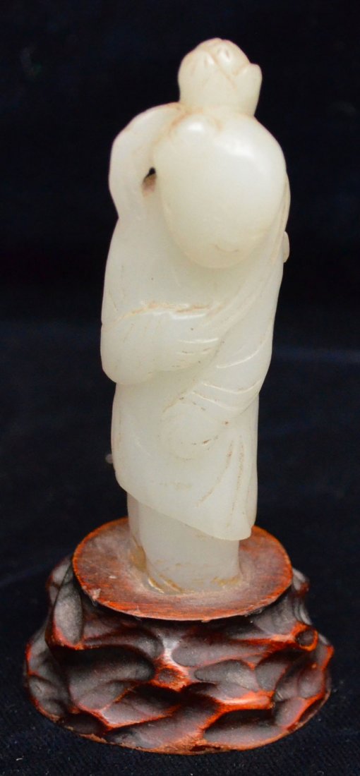 Estate Fresh White Jade Boy Holding Lotus Flower: Jade alone measures 2 7/8" tall.