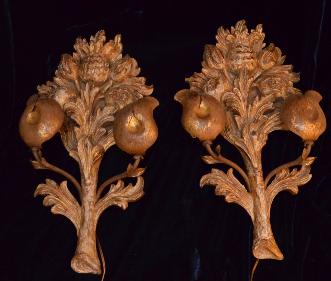 Fabulous Pair Gilt Wood Fruit Wall Sconces: Great pair of sconces featuring, pineapples, pomegranates and oranges with flowers. They Measure 23" tall x 14" wide.