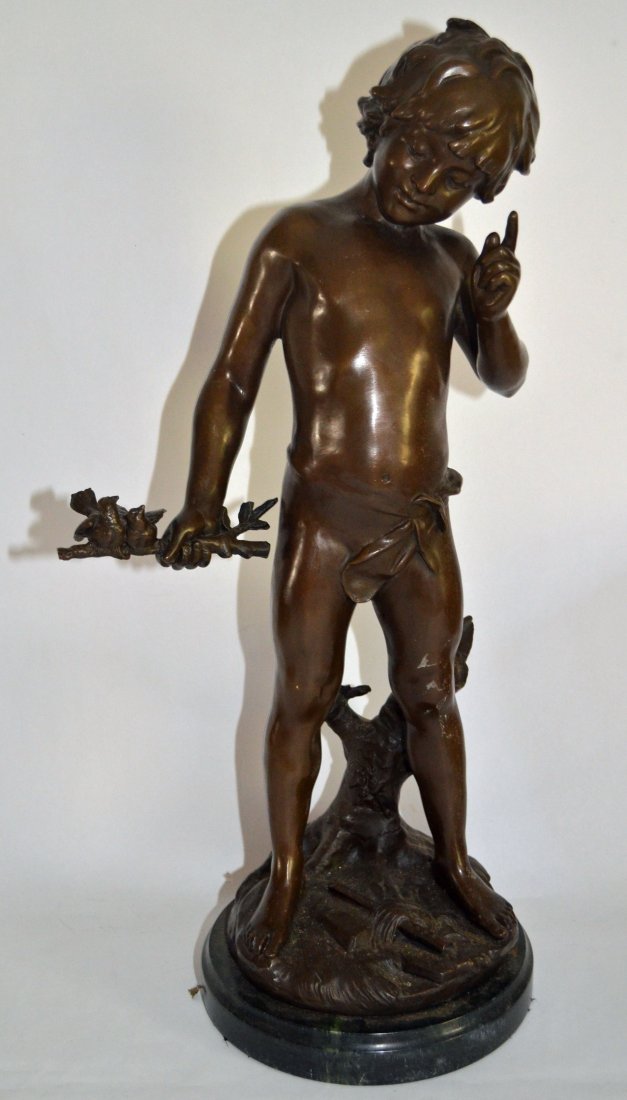 Auguste Moreau Bronze Statue of Boy Holding Birds