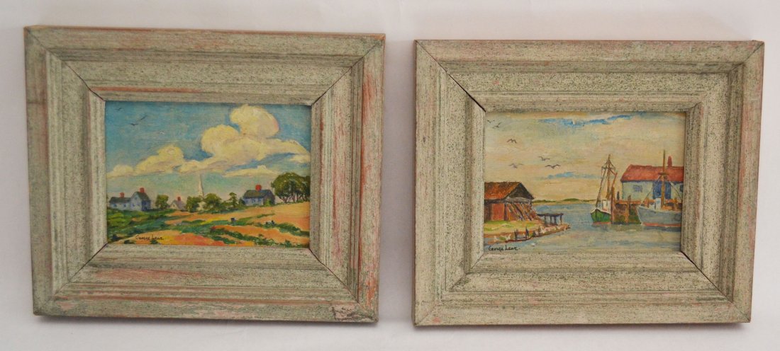 Pr Of Signed George Lear Nantucket O/B Paintings: Stunning miniature paintings by George Lear (1879-1956). One is of the Nantucket Skyline and the other is Snug Harbor. Frame: 6" x 5" Sight: 3.5" x 2.5"