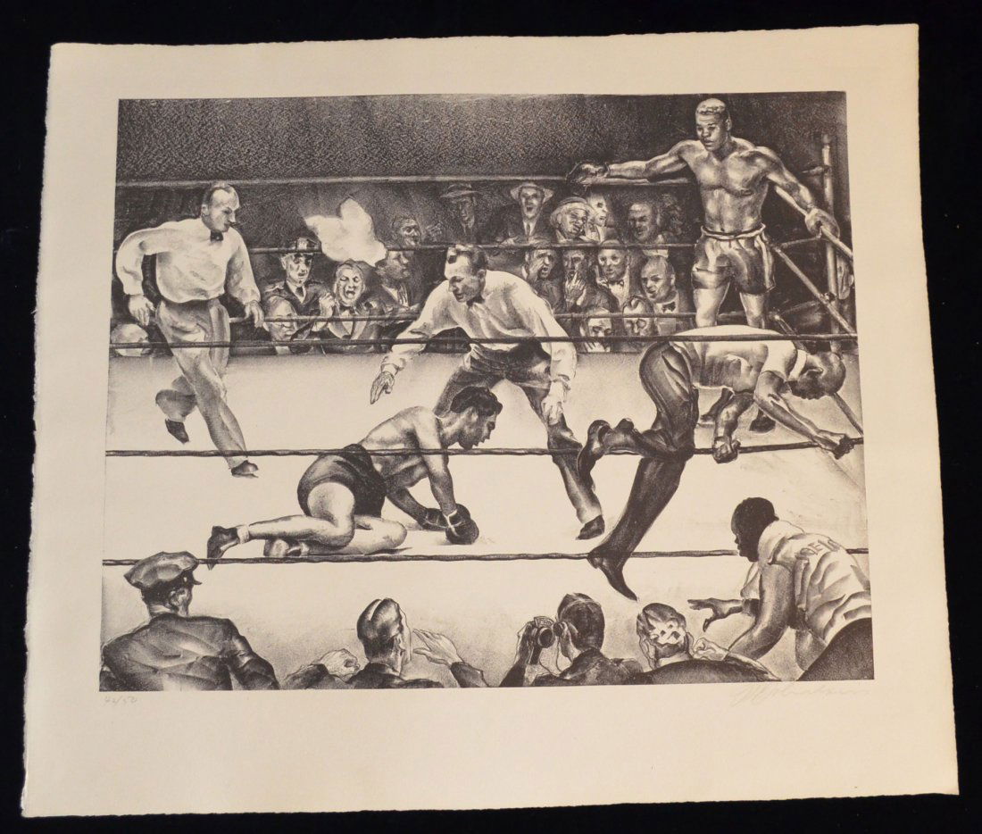 Joseph Golinkin First Round Knock Out Sgnd Numbered: Signed & numbered 42/50 Joseph W. Golinkin. Comes with "The American Sporting Scene" book by John Kieran featuring the image on page 51. Print measures 23 5/8"x 20.5"