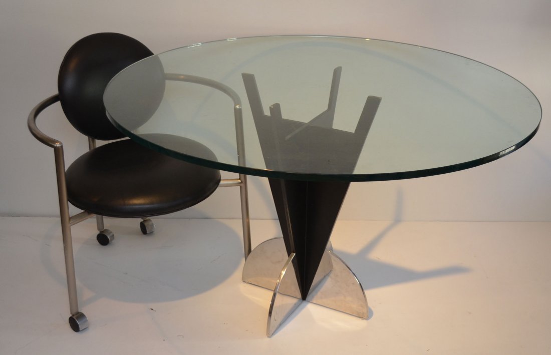 Brueton Stanley Jay Friedman Arrowhead Table w Chairs: Table measures 29.5" tall x 48" diameter at top. The 4 chairs measure 31" tall x 25.25" wide x 23" deep.