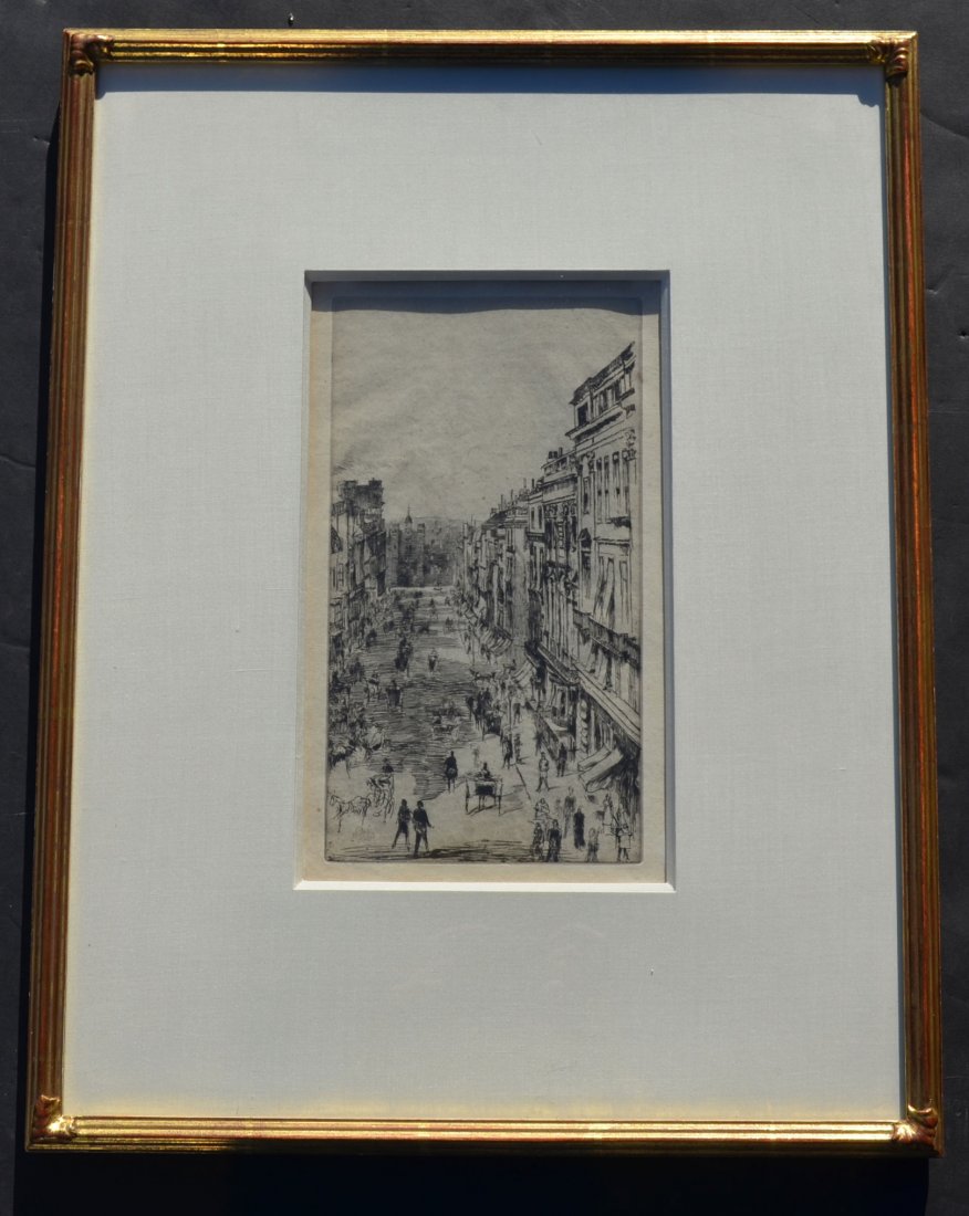 Whistler St. James Street, London Etching & Drypoint: James McNeill Whistler (1834-1903), attached information shows reference: "Kennedy #169. Fourth State, printed on old watermarked paper with considerable plate tone and yellow-gray ink". Frame: 21 3/8