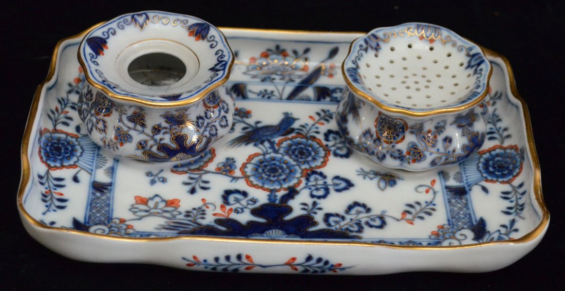 Meissen Inkwell With Under Tray / Stand: Signed Meissen with crossed swords mark with Russian/Scandinavian style red, blue & gold flower/bird decoration. Tray measures 8 5/8" l x 6" wide x 1 1/8" tall. 2 accessory pots measure 1.5" tall x 2