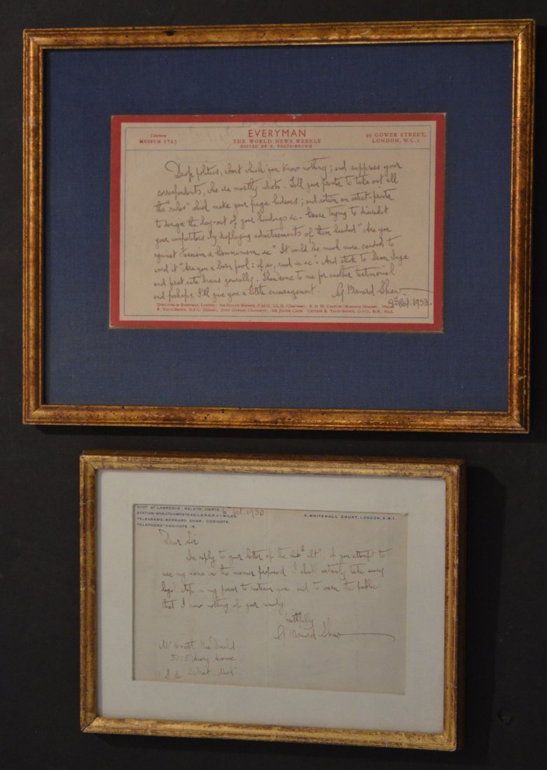 Two handwritten George Bernard Shaw Signed Letters: One is dated 1933 on Everyman World News Weekly paper (Frame: 12 3/8" x 9 5/8" Paper: 8" x 5"), and a 1930 (Frame: 9.25" x 6.75" Paper sight: 6 5/8" x 4 3/8")