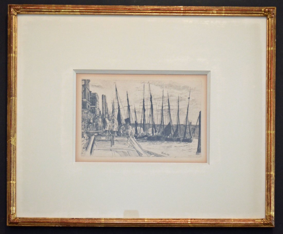 James Whistler 1859 Signed Engraving Billingsgate: 19 5/8" x 16 5/8" Image sight: 9.75" x 6.5"