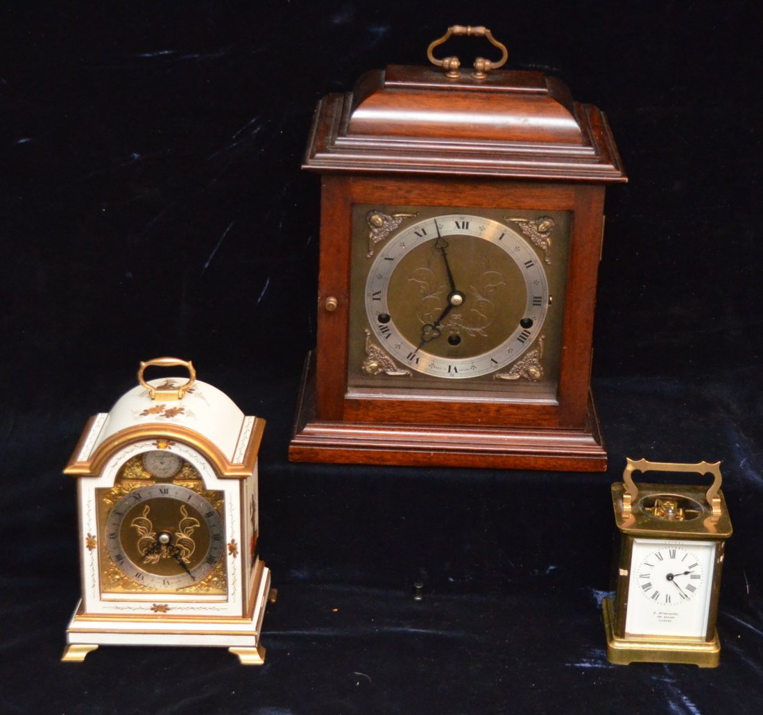 3 Vintage British Clocks, 2 Elliot, 1 McDermotts: Lot includes: Large Elliot 8 Day Westminster clock (about 12.5" tall x 9" long x 5 5/8" deep), an Elliot Tempus Fugit Chinoiserie clock (8" tall x 5.5"l x 3.5" deep), R. Mcdermotts London brass carria