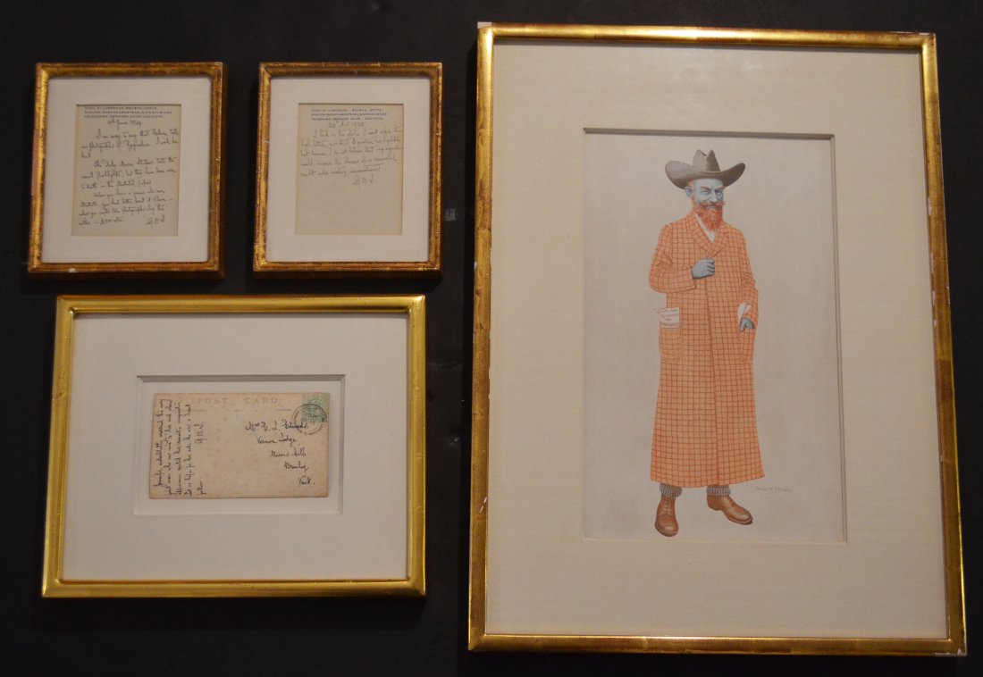 4 George Bernard Shaw Letters & a Litho: Lot includes: 1928 written letter signed GBS (Frame: 6 7/8" x 5 7/8" paper sight: 4.25" x 3.25"), a 1914 letter (Frame: 6 7/8" x 5 7/8" paper sight: 4.25" x 3.25"), written and signed post card (Frame
